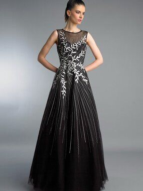 D9587L Sleeveless Gown With Floral Motif - Black Silver
